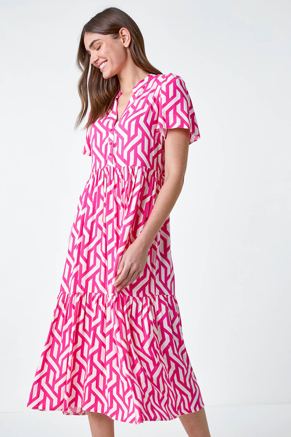 PINK Geometric Print Tiered Midi Dress, Image 4 of 5