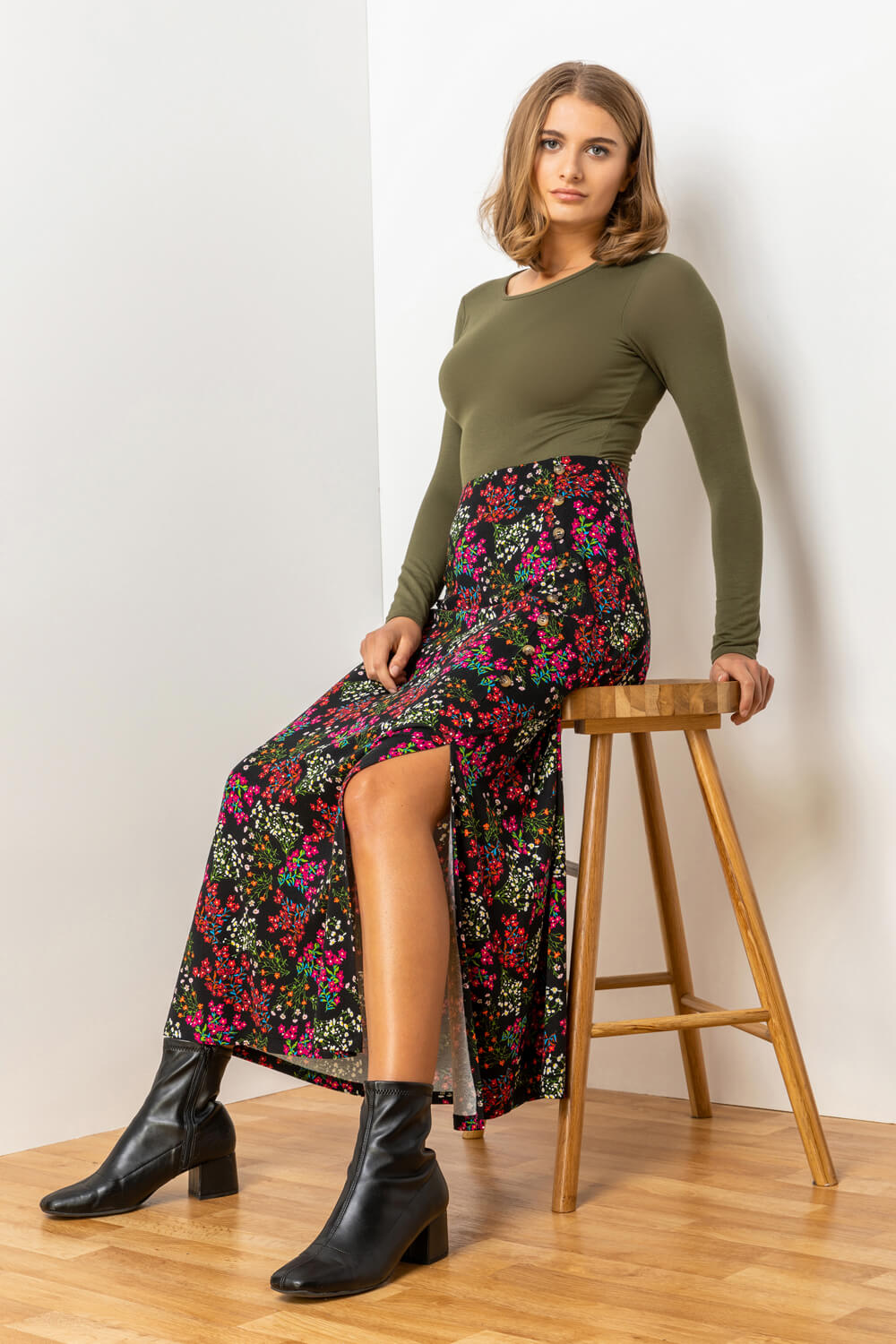 Multi  Ditsy Floral Jersey Midi Skirt, Image 4 of 4