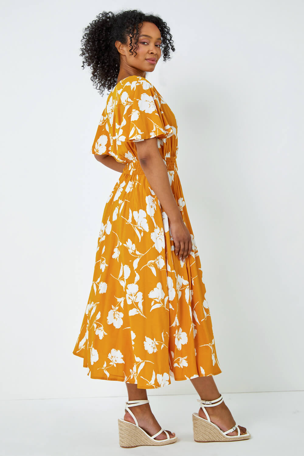 Yellow Petite Floral Print Shirred Midi Dress, Image 3 of 5