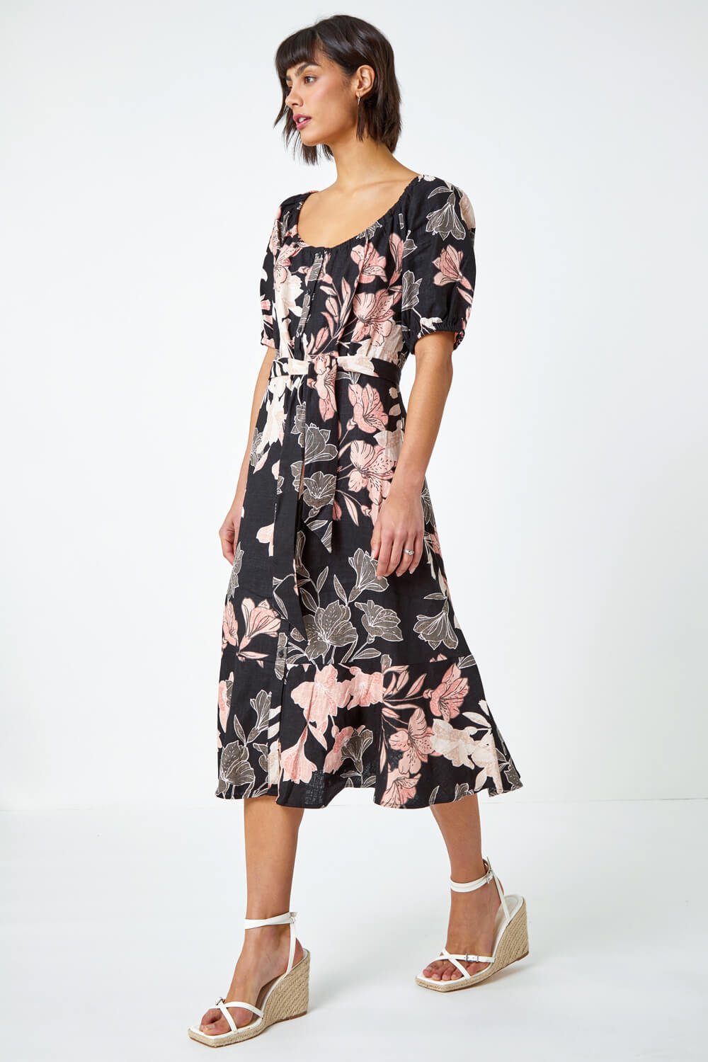 Black Floral Linen Blend Bardot Midi Dress, Image 6 of 6