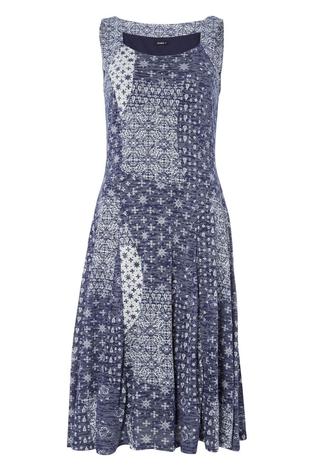 Blue Patchwork Print Fit and Flare Dress , Image 6 of 6
