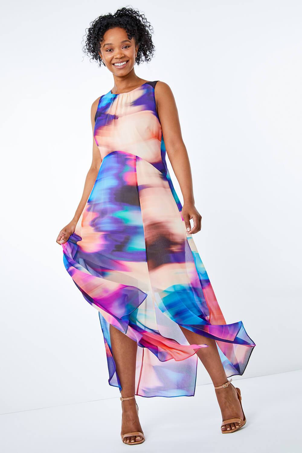 Blue Petite Abstract Print Chiffon Maxi Dress, Image 2 of 5
