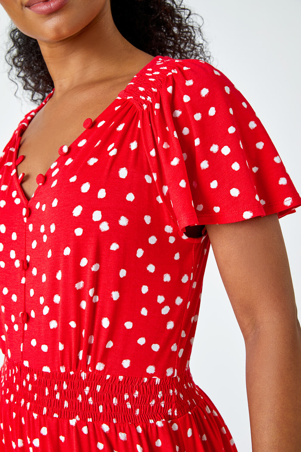 Red Petite Polka Dot Button Stretch Midi Dress, Image 5 of 5