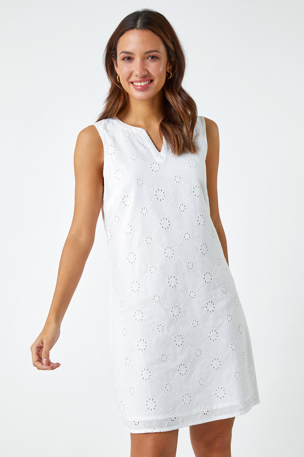 White Embroidered Cotton Shift Dress, Image 2 of 5
