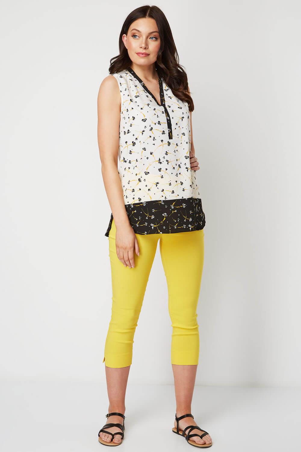 Ivory  Floral Contrast Border Top, Image 2 of 7