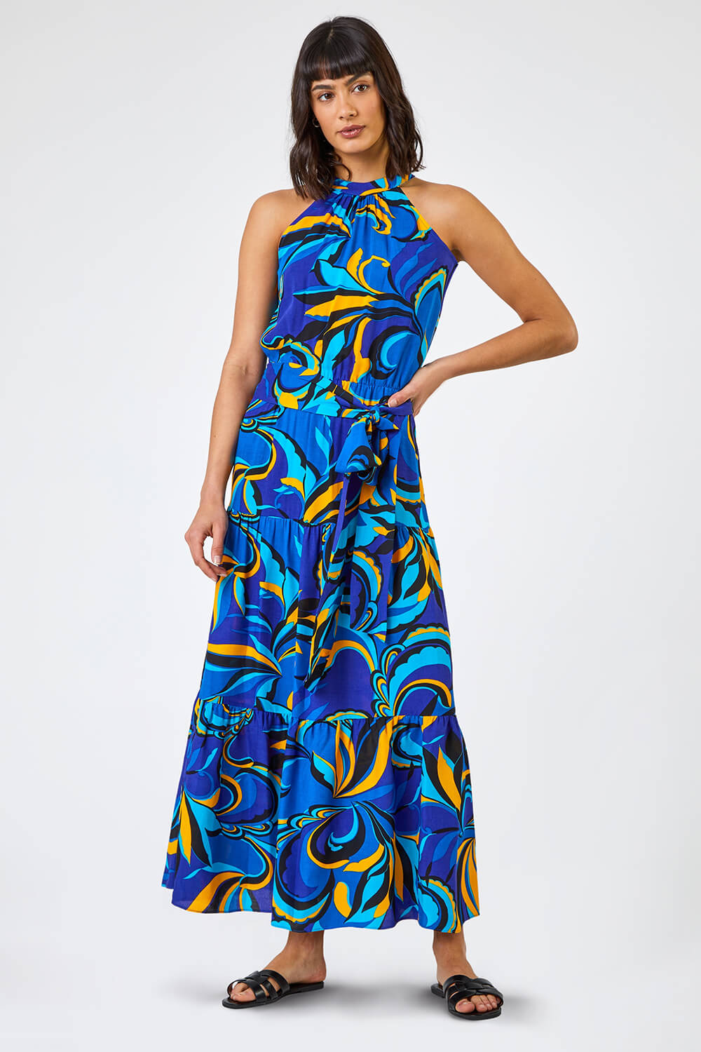 Royal Blue Abstract Halterneck Tiered Maxi Dress, Image 3 of 5