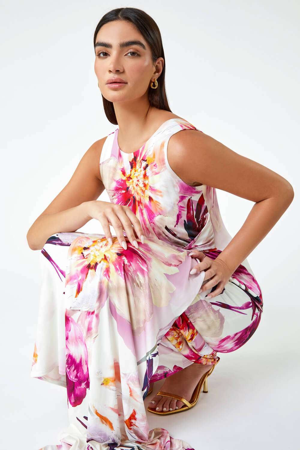 PINK Floral Drape Twist Ruched Maxi Dress, Image 4 of 6