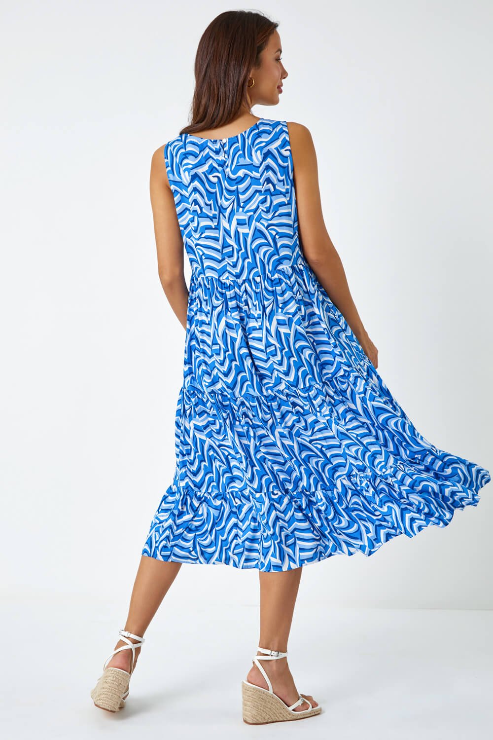 Blue Sleeveless Geometric Print Smock Dress, Image 3 of 5