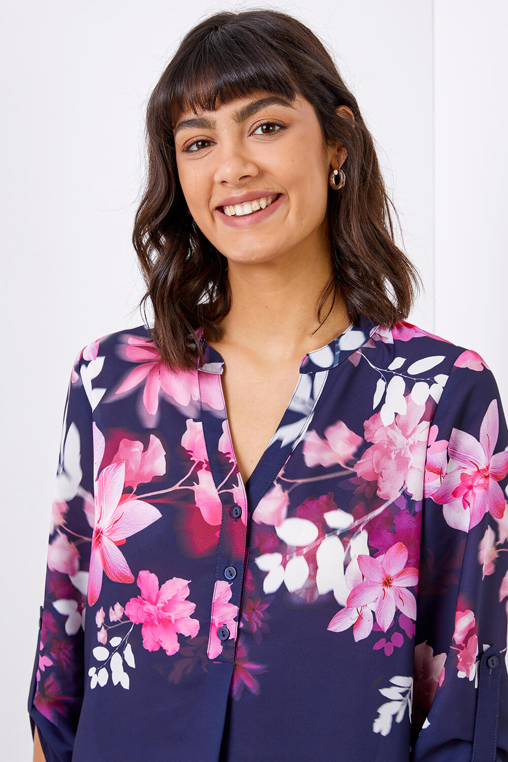 Navy  Floral Print Button Down Top, Image 4 of 4