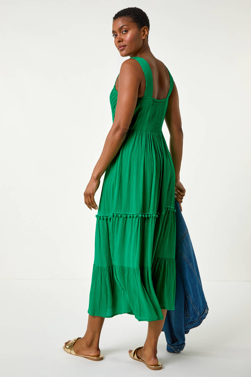Green Crochet Detail Cotton Blend Maxi Dress, Image 3 of 5