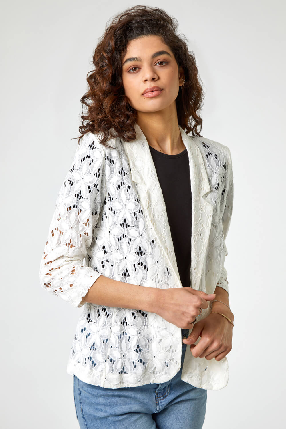 Roman Originals Floral Lace 3/4 Sleeve Jacket in Ivory