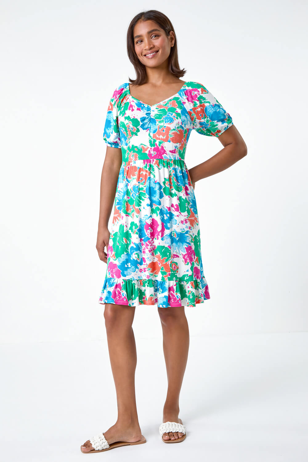Blue Abstract Floral Ruched Frill Stretch Dress, Image 2 of 5