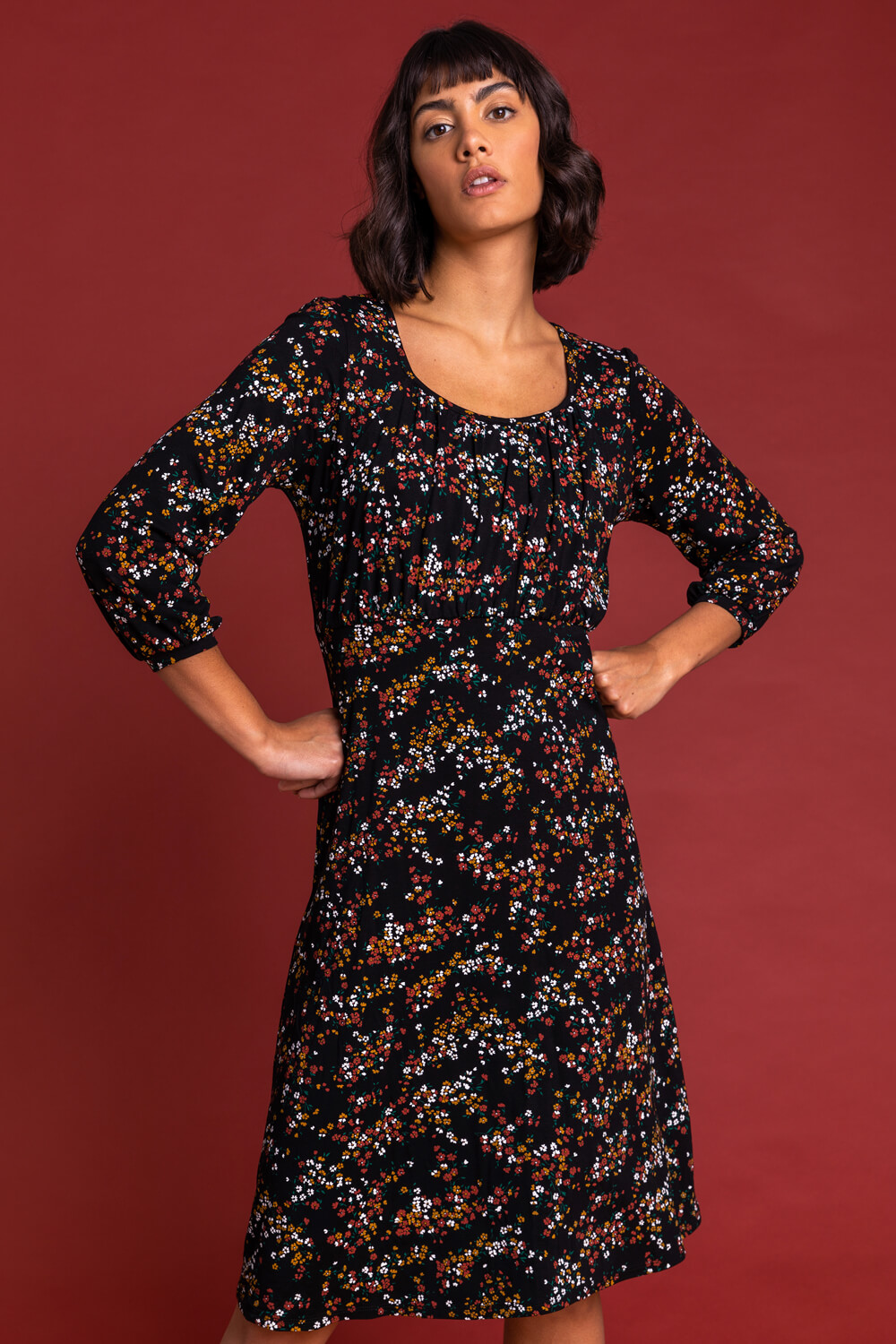 Rust Square Neck Ditsy Floral Dress, Image 5 of 6