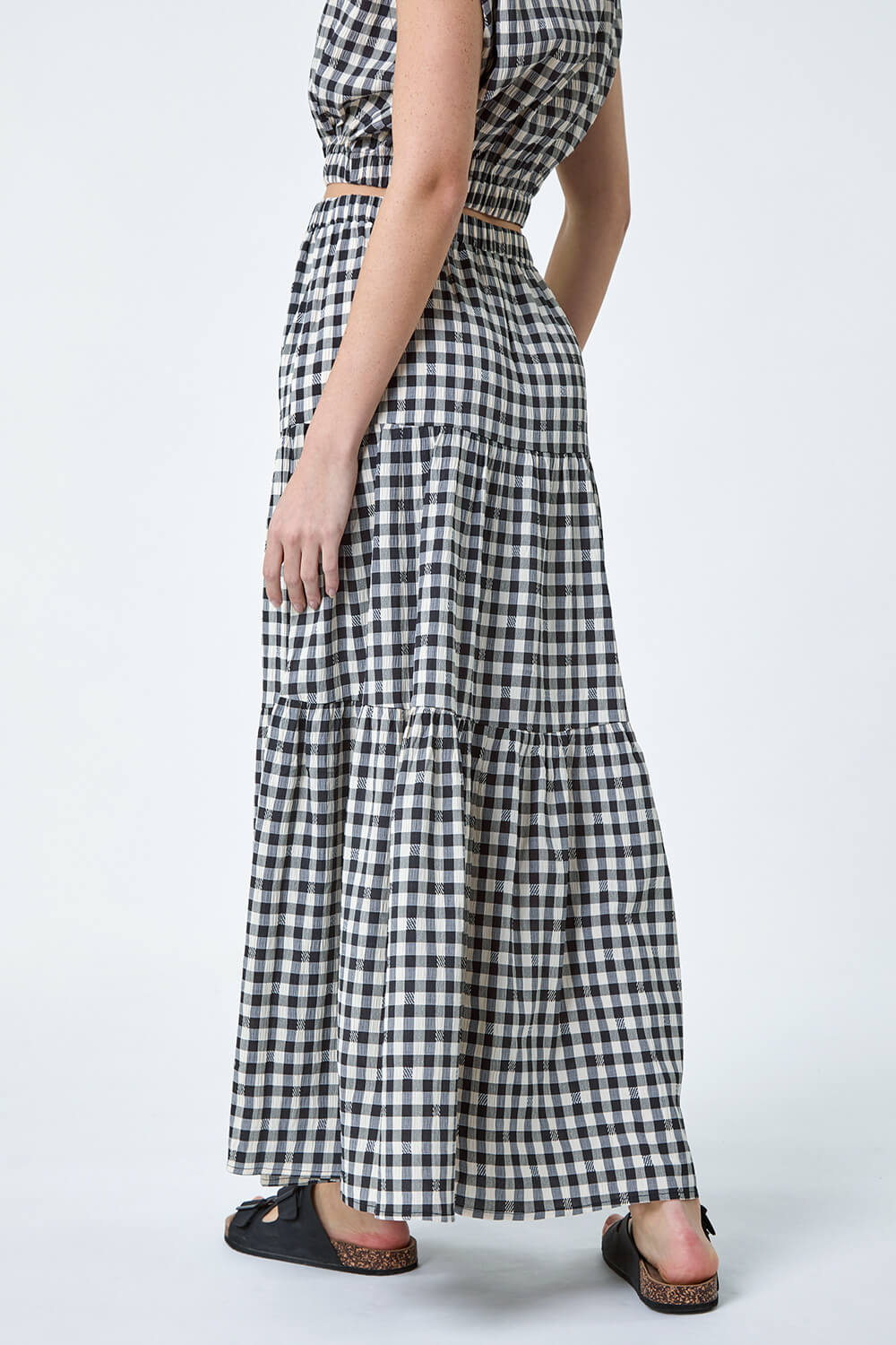 Black Gingham Check Tiered Maxi Skirt, Image 3 of 7