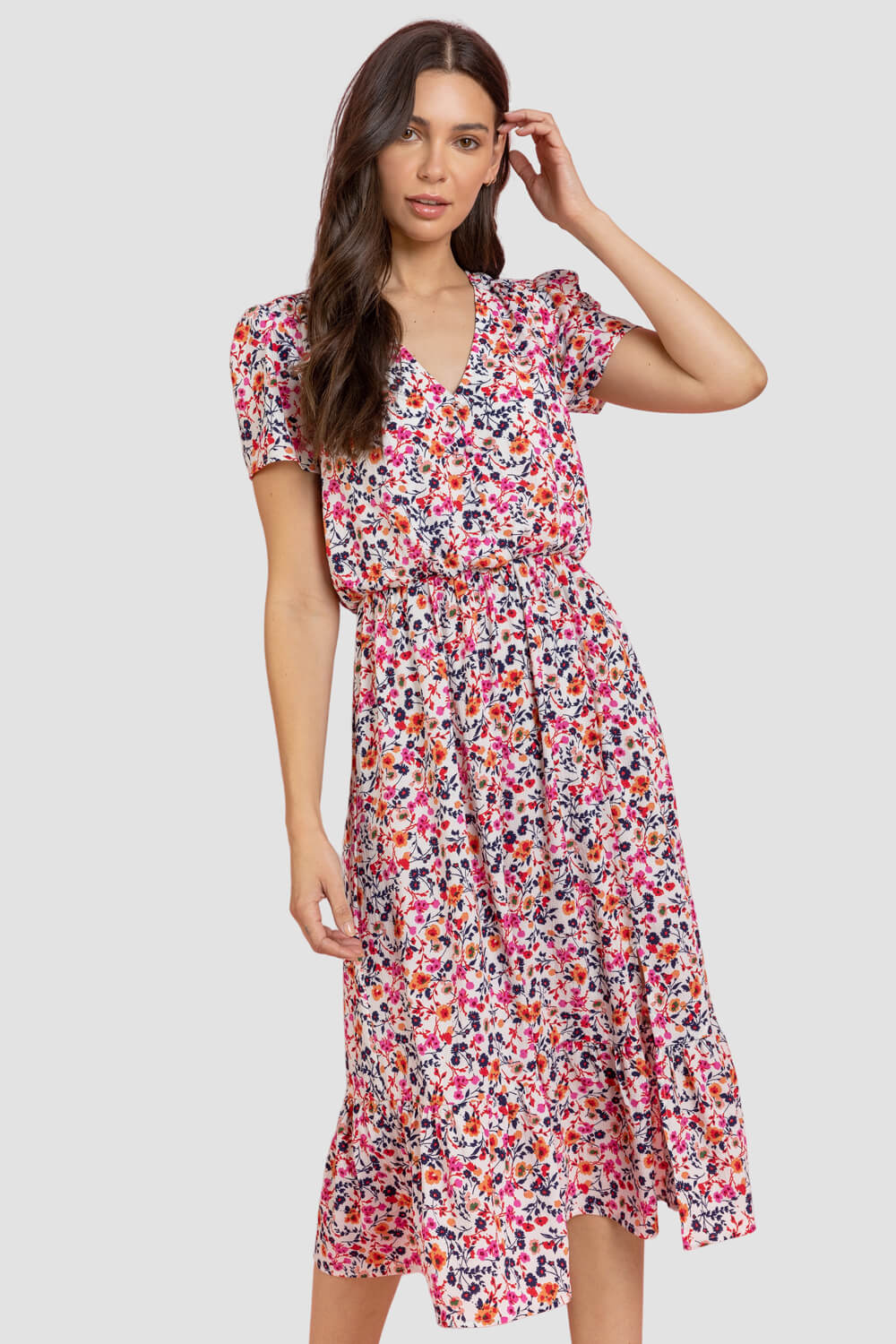 Ditsy Floral Tiered Midi Dress in Pink ...