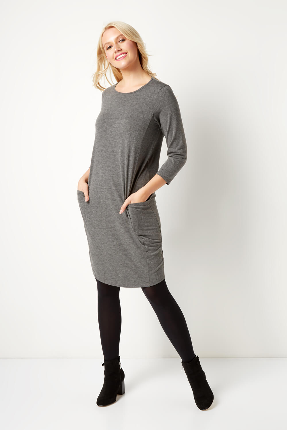 3/4 Sleeve Slouch Dress in Grey - Roman Originals UK