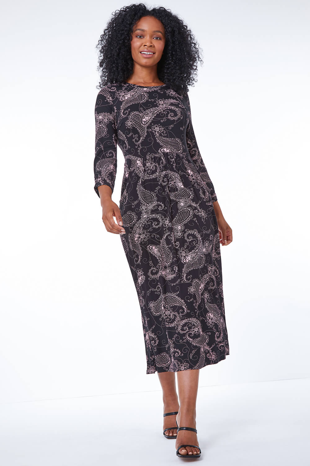 Black Petite Paisley Print Midi Dress, Image 2 of 5