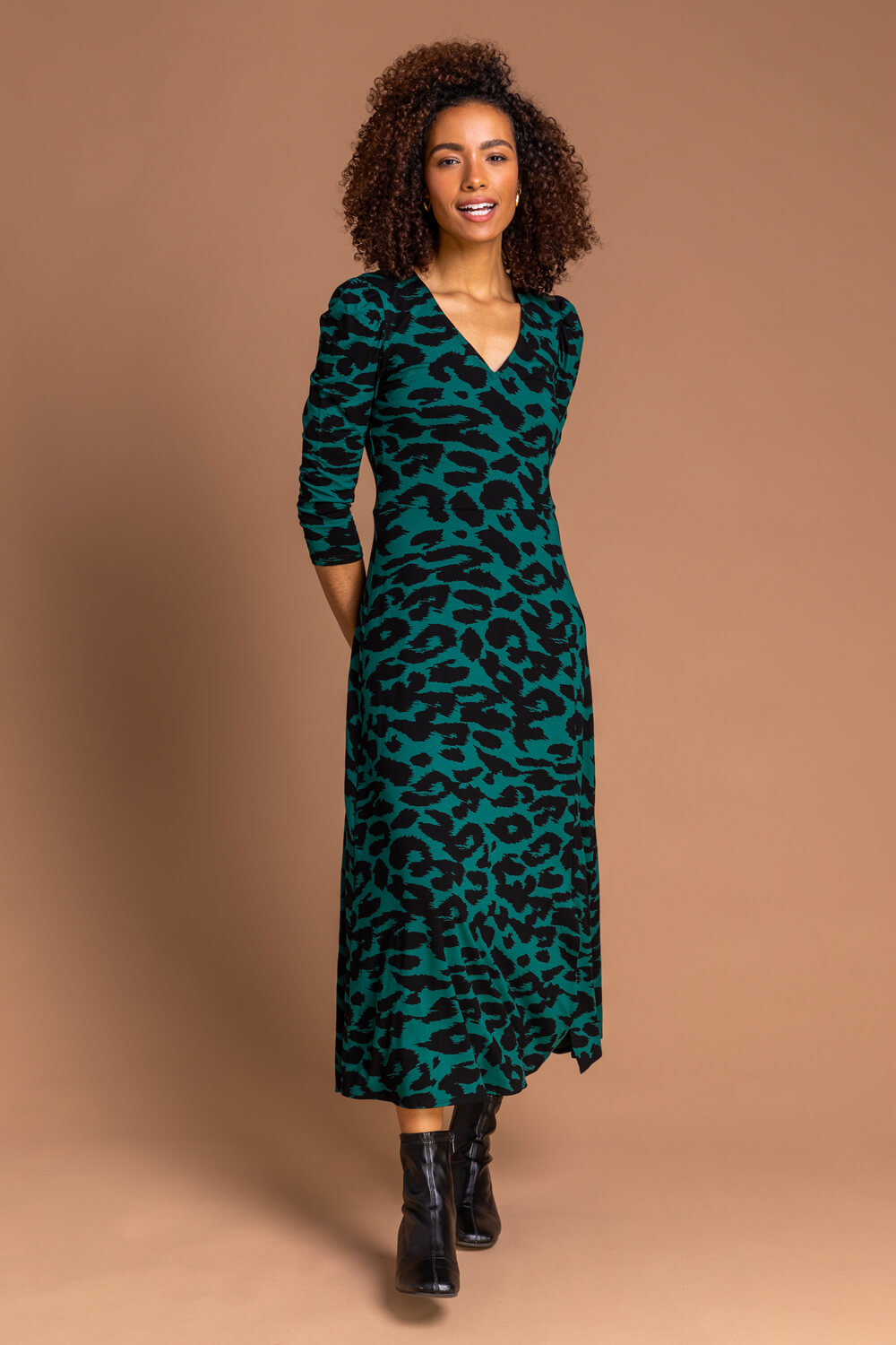 Animal Print Fit And Flare Midi Dress in Forest - Roman Originals UK
