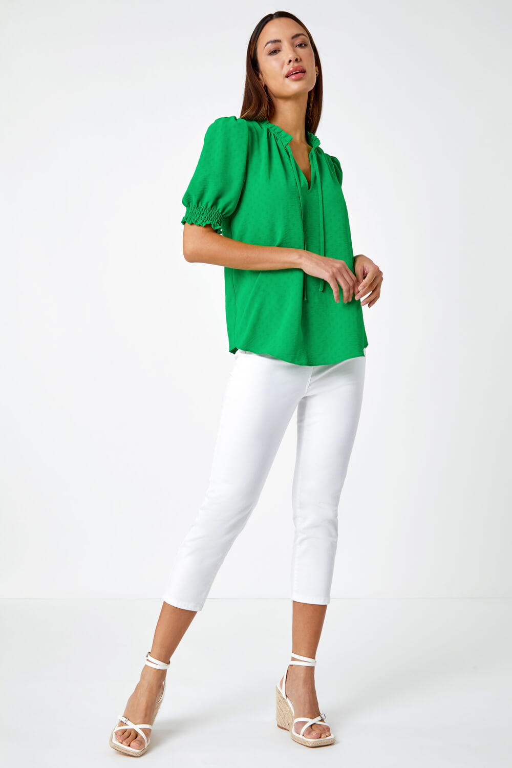Green Frill Neck Plain Tie Detail Top, Image 4 of 5