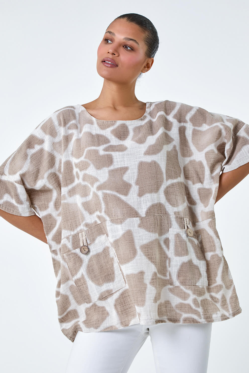 Taupe Animal Print Cotton Tunic Top, Image 4 of 5