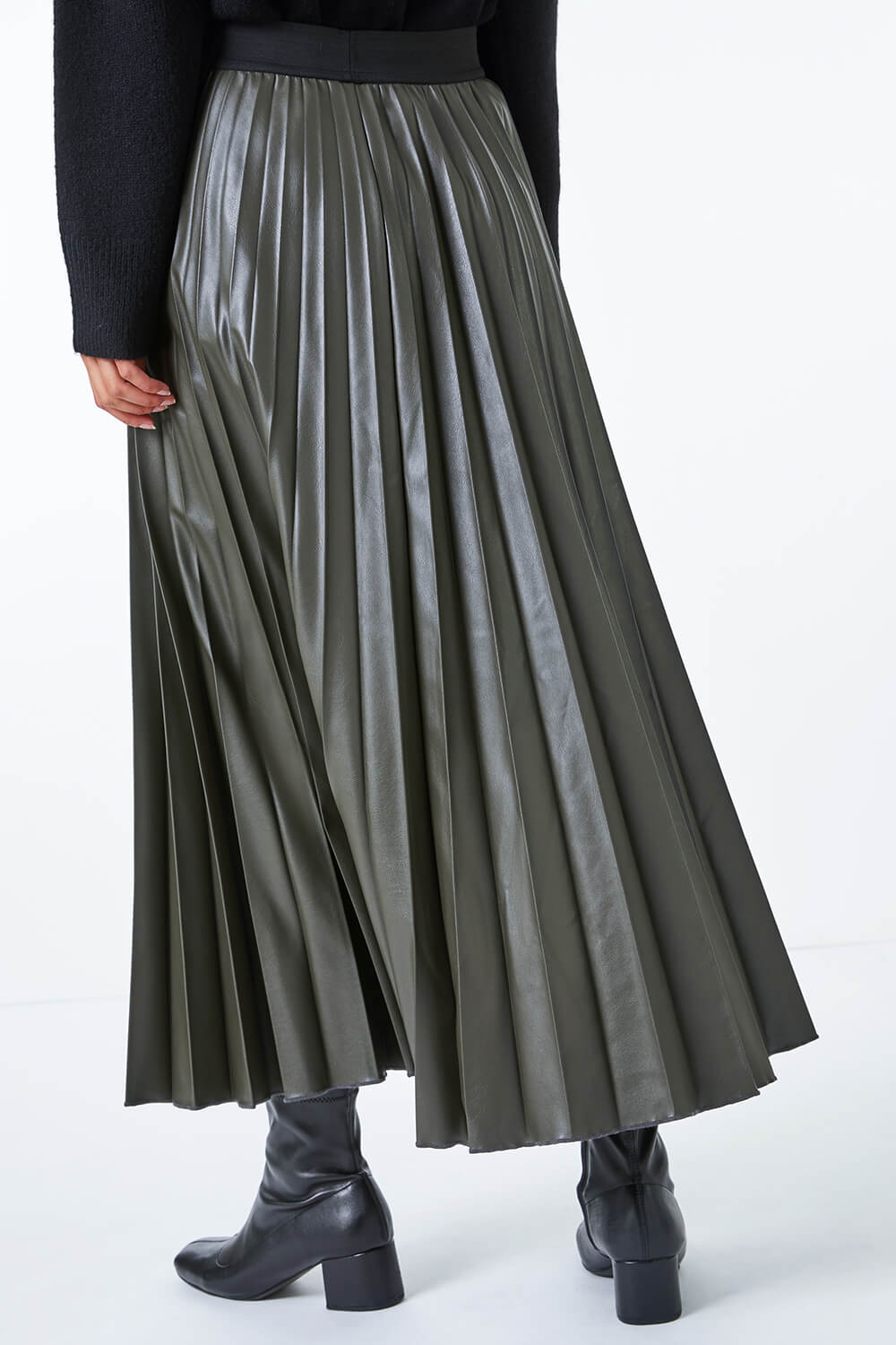 Faux Leather Pleated Maxi Skirt in Khaki - Roman Originals UK