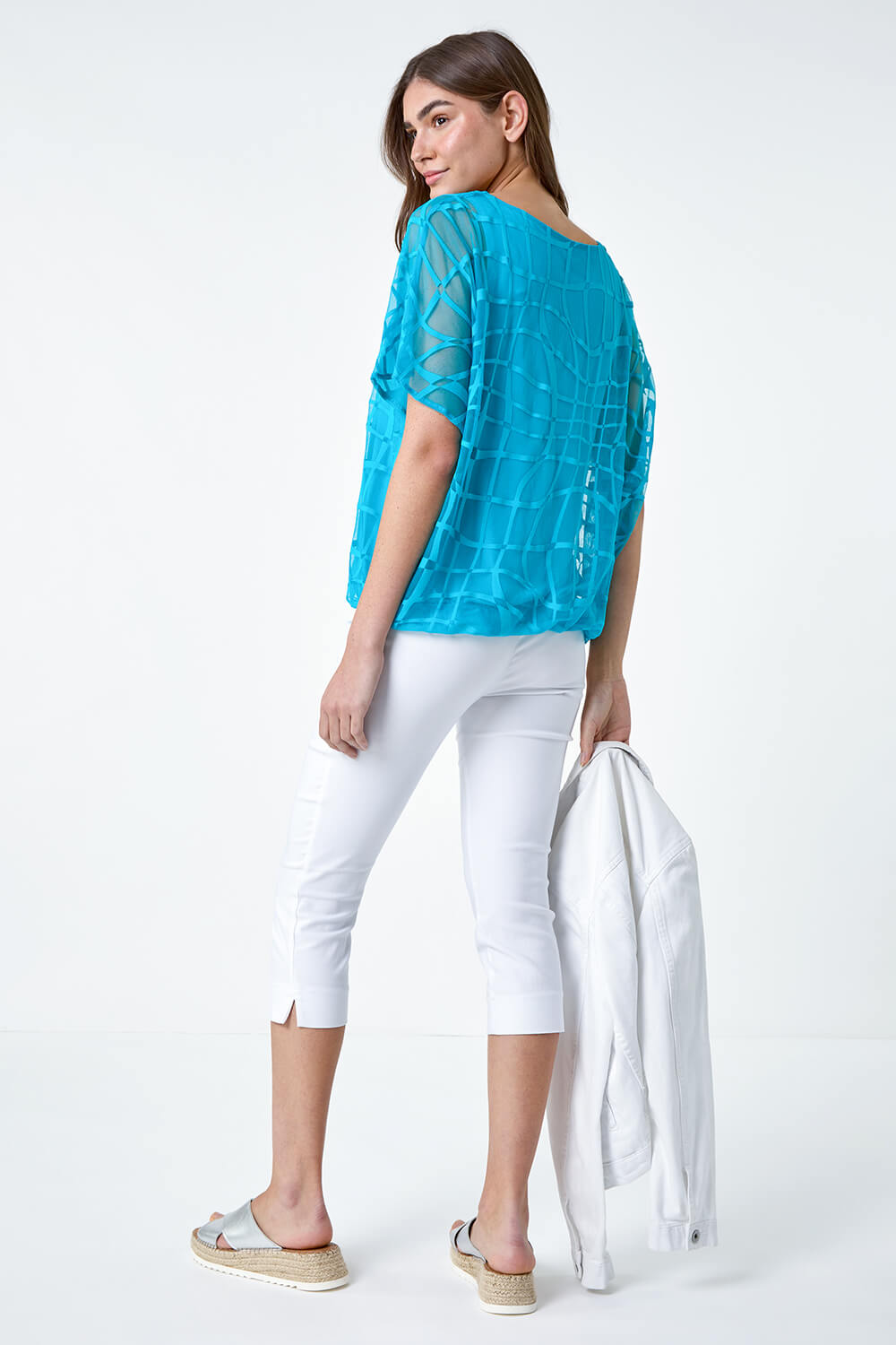 Turquoise Abstract Check Print Blouson Top, Image 3 of 5