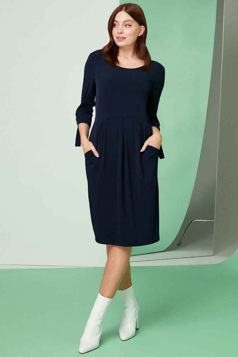 navy shift dress with sleeves
