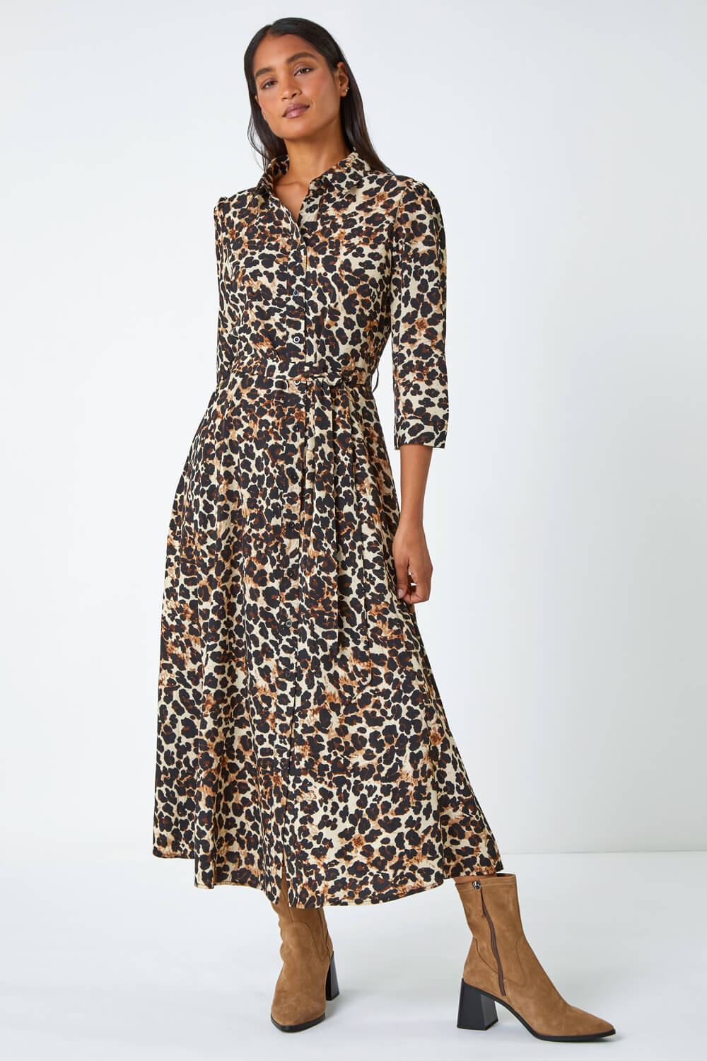 Beige Leopard Print Belted Shirt Dress, Image 2 of 5