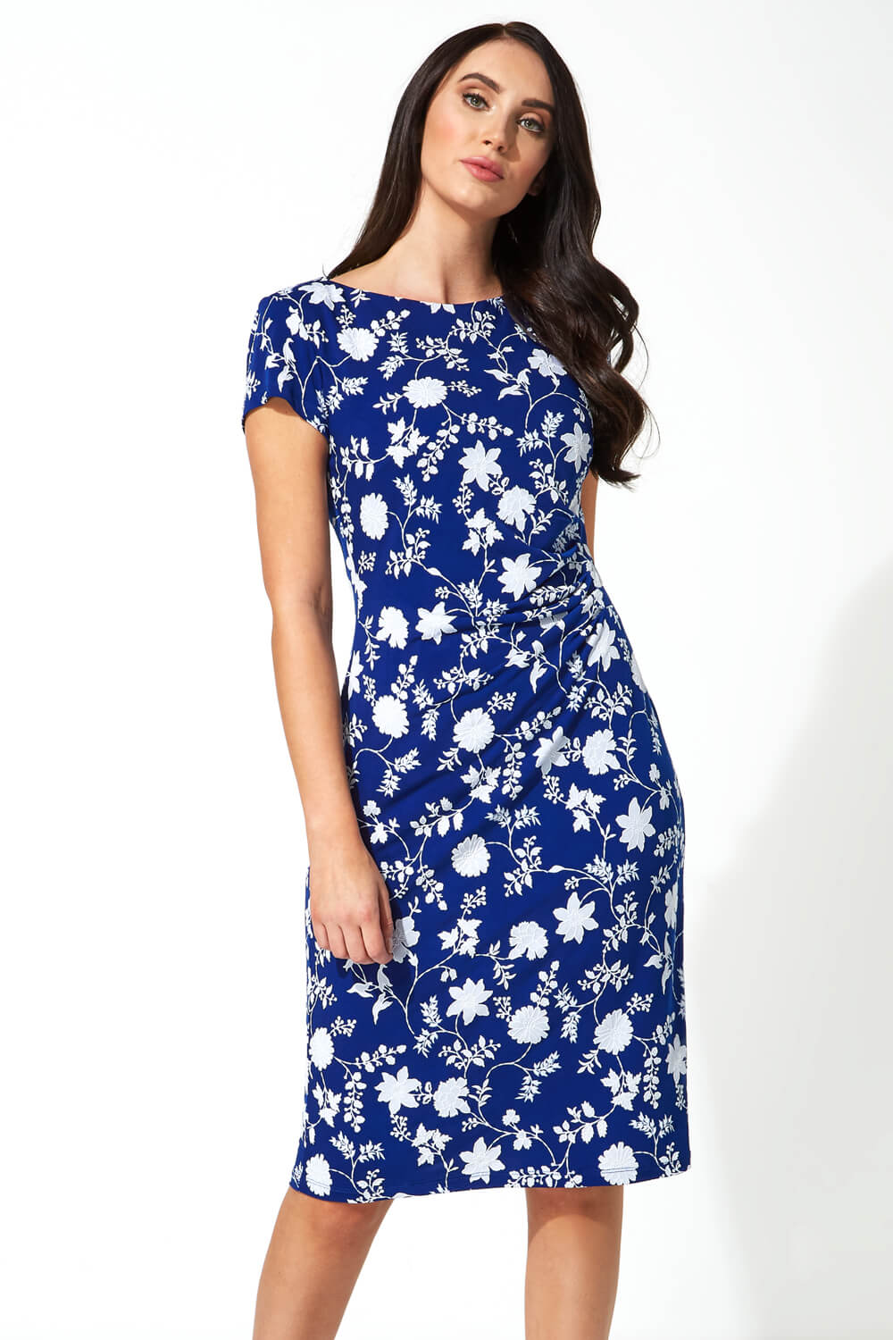 Floral Textured Print Side Ruched Dress in Royal Blue - Roman Originals UK