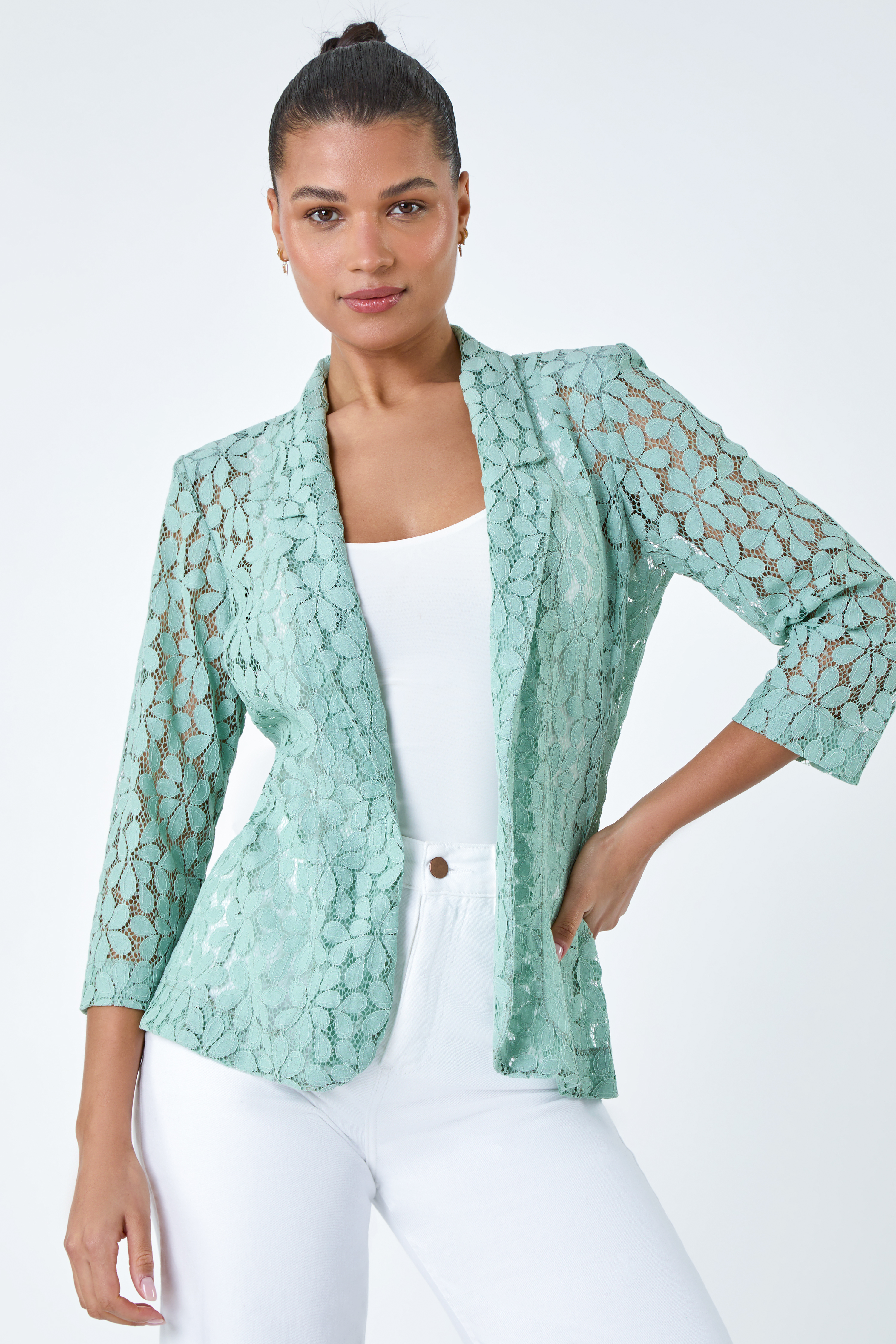 Sage Floral Lace Blazer Jacket, Image 4 of 5