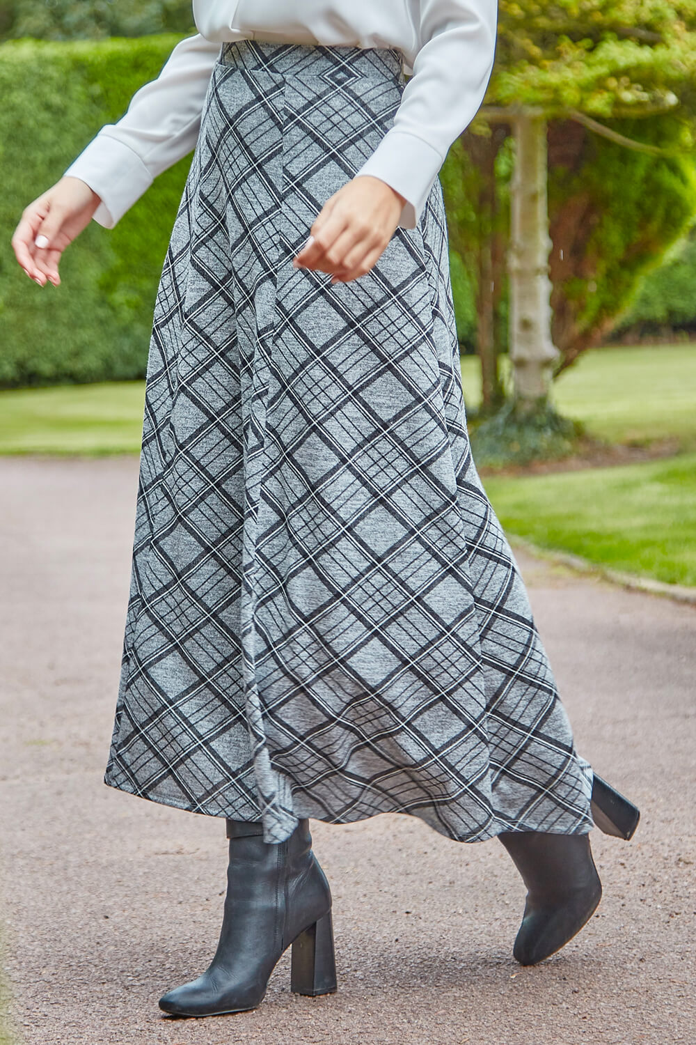 Light Grey Check Print Flared Midi Skirt, Image 2 of 4