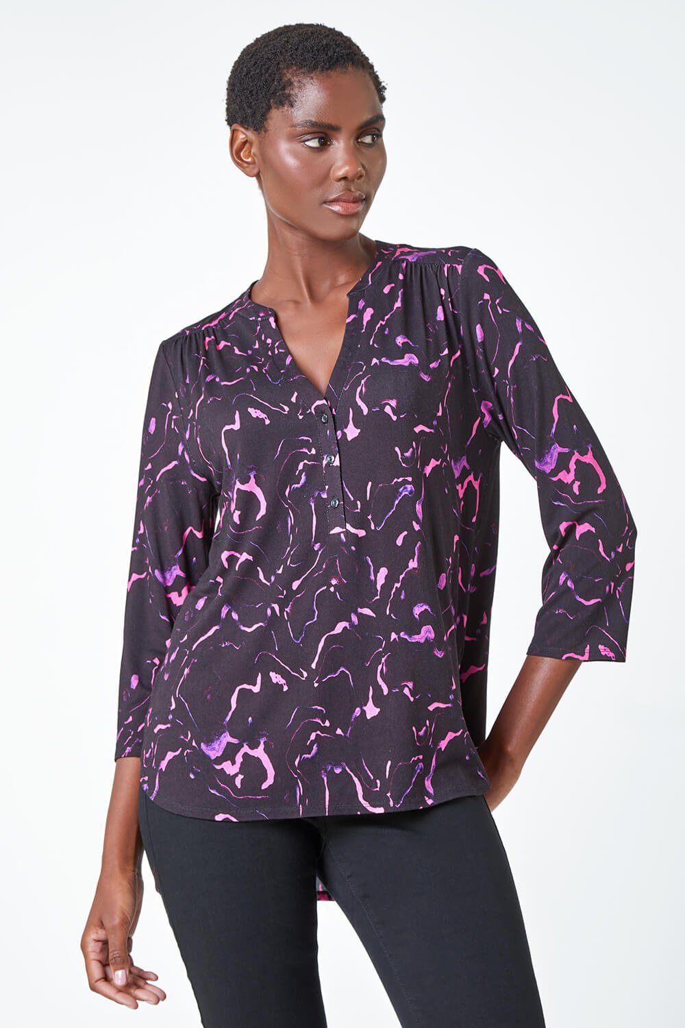 Purple Abstract Print Stretch Top, Image 2 of 5