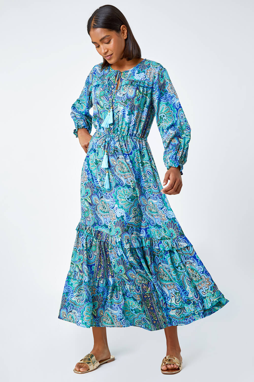 Blue Paisley Print Tassel Frill Hem Maxi Dress, Image 2 of 5