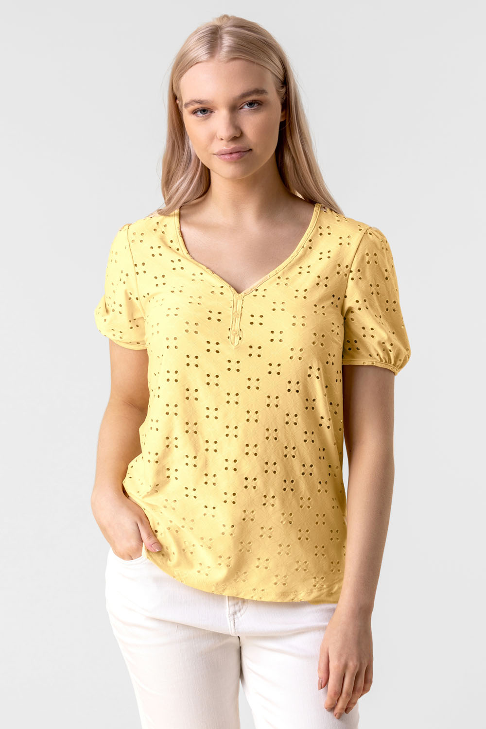 Yellow Button Detail Broderie Top, Image 3 of 4