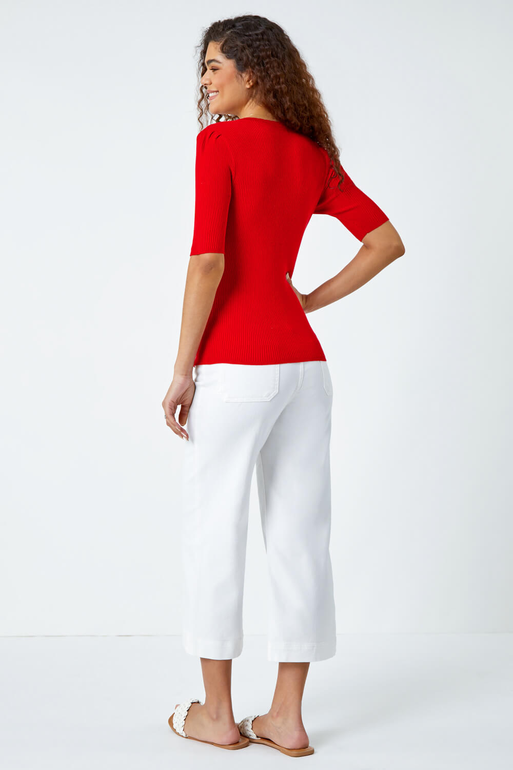 Red Scallop Edge Ribbed Stretch Knit Top, Image 3 of 5