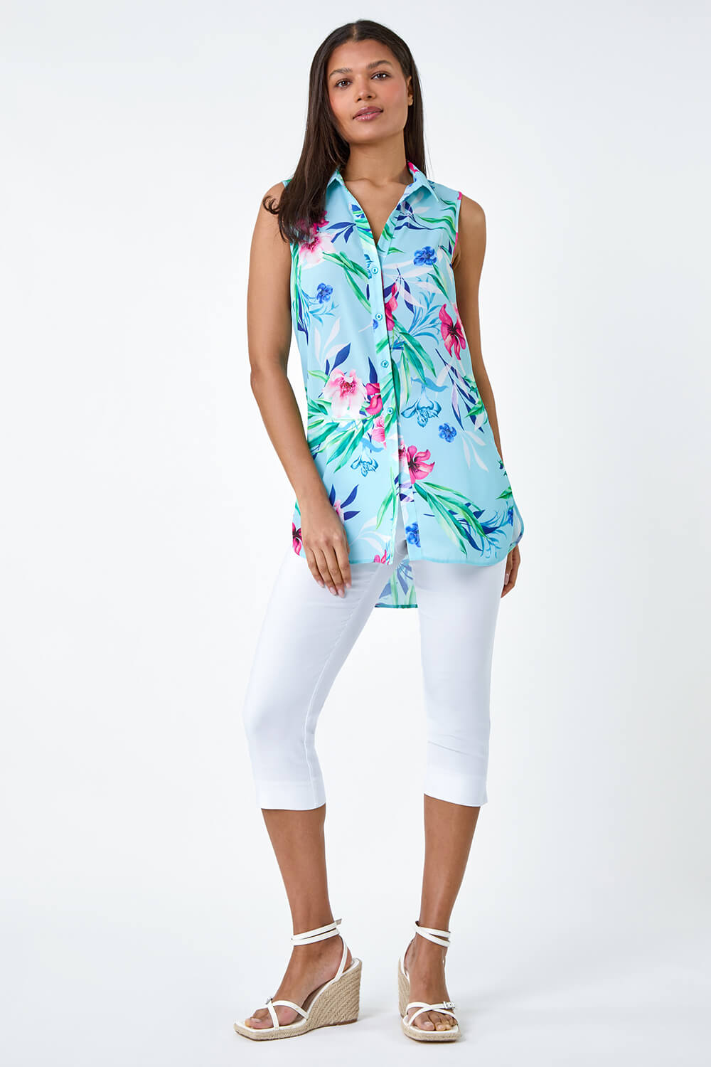 Blue Tropical Floral Sleeveless Button Blouse, Image 3 of 5