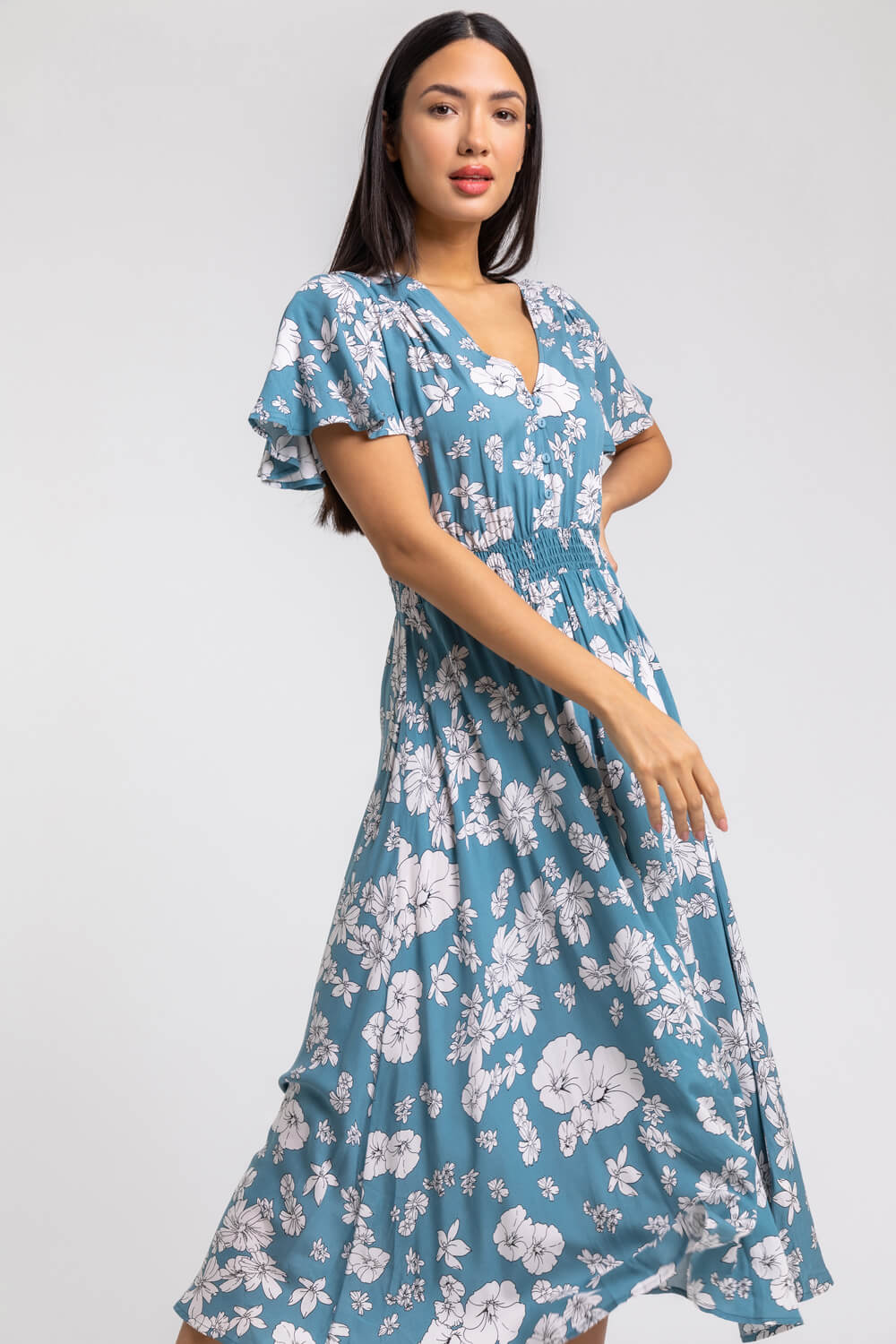 Floral Print Tiered Midi Dress in BLUE - Roman Originals UK