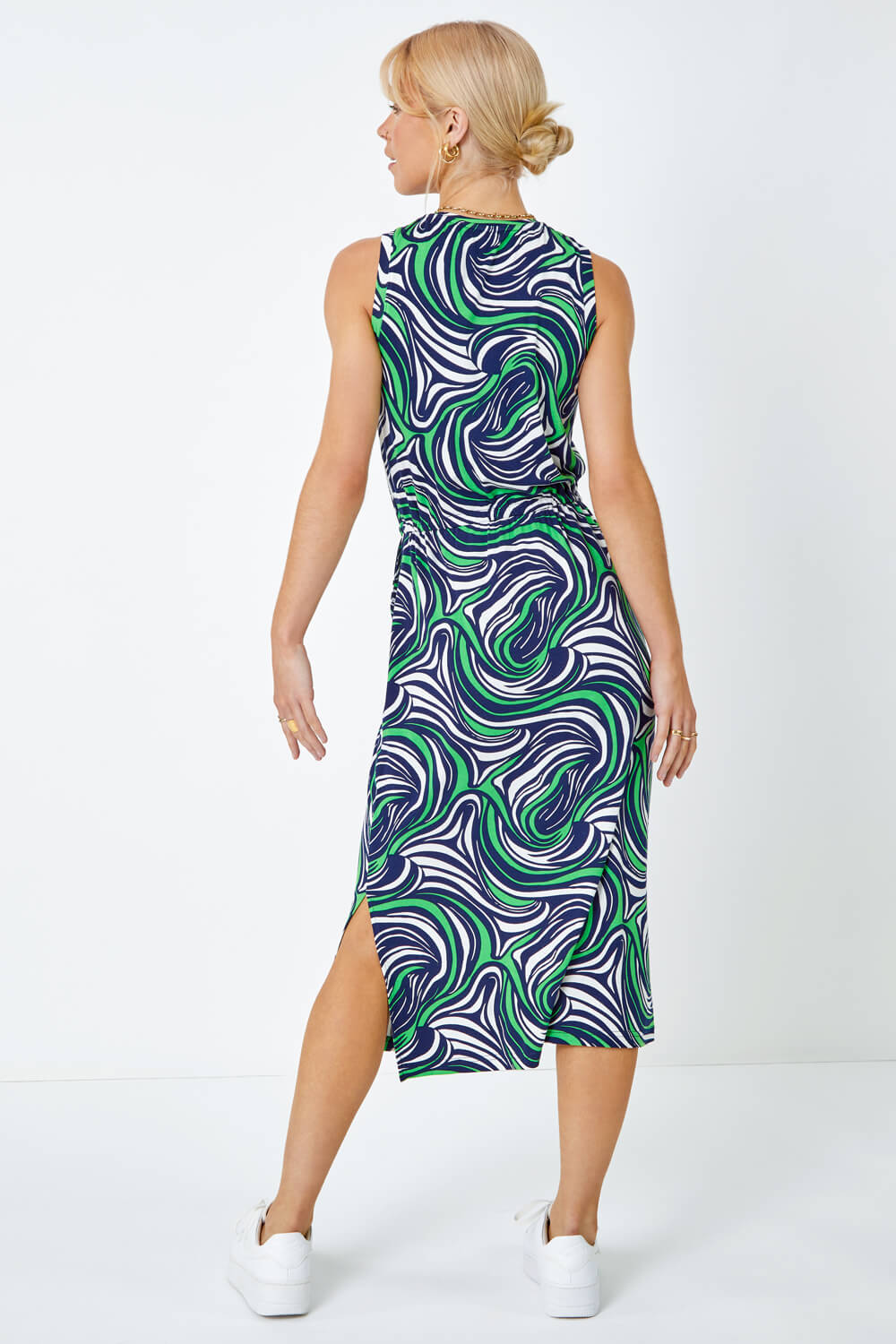 Green Sleeveless Swirl Print Midi Dress, Image 3 of 5