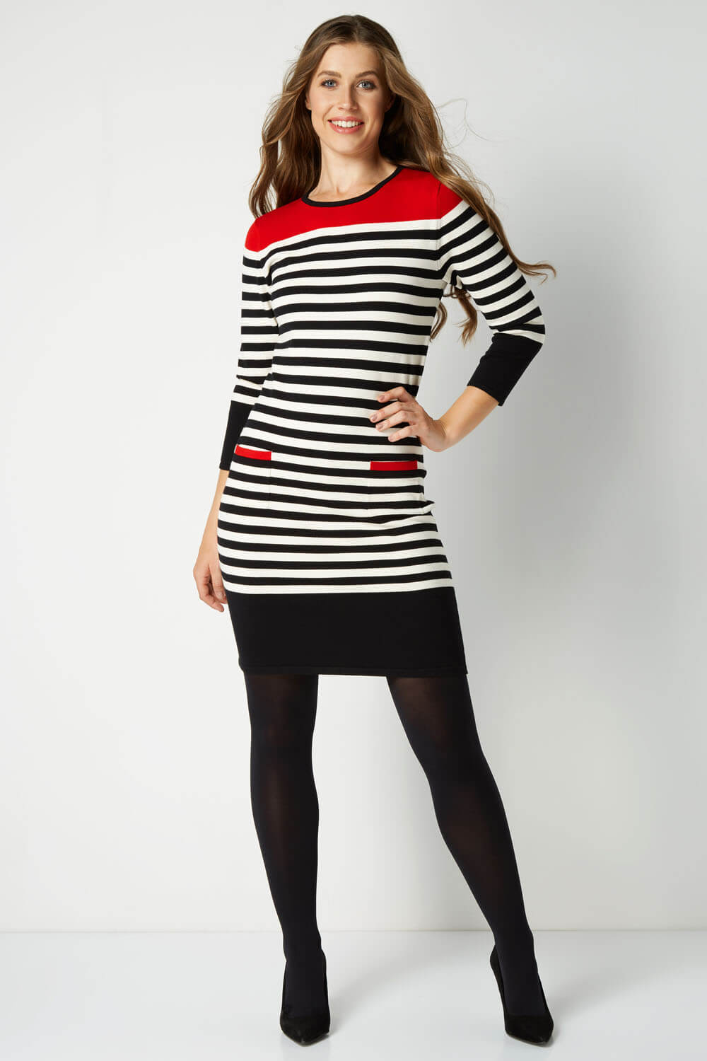 Red Stripe Pocket Knitted Shift Dress, Image 3 of 5