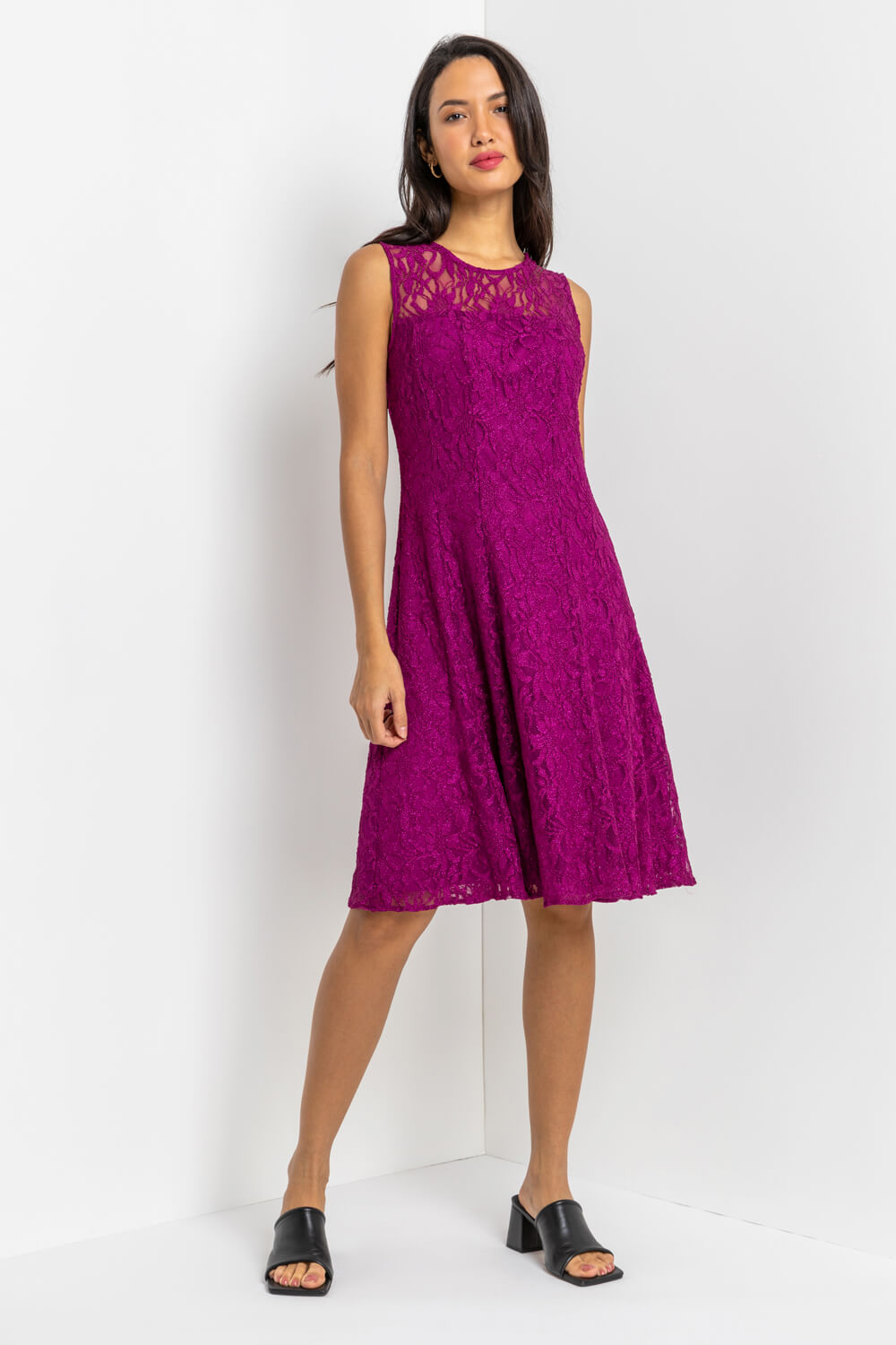 MAGENTA Glitter Lace Fit and Flare Dress , Image 3 of 4