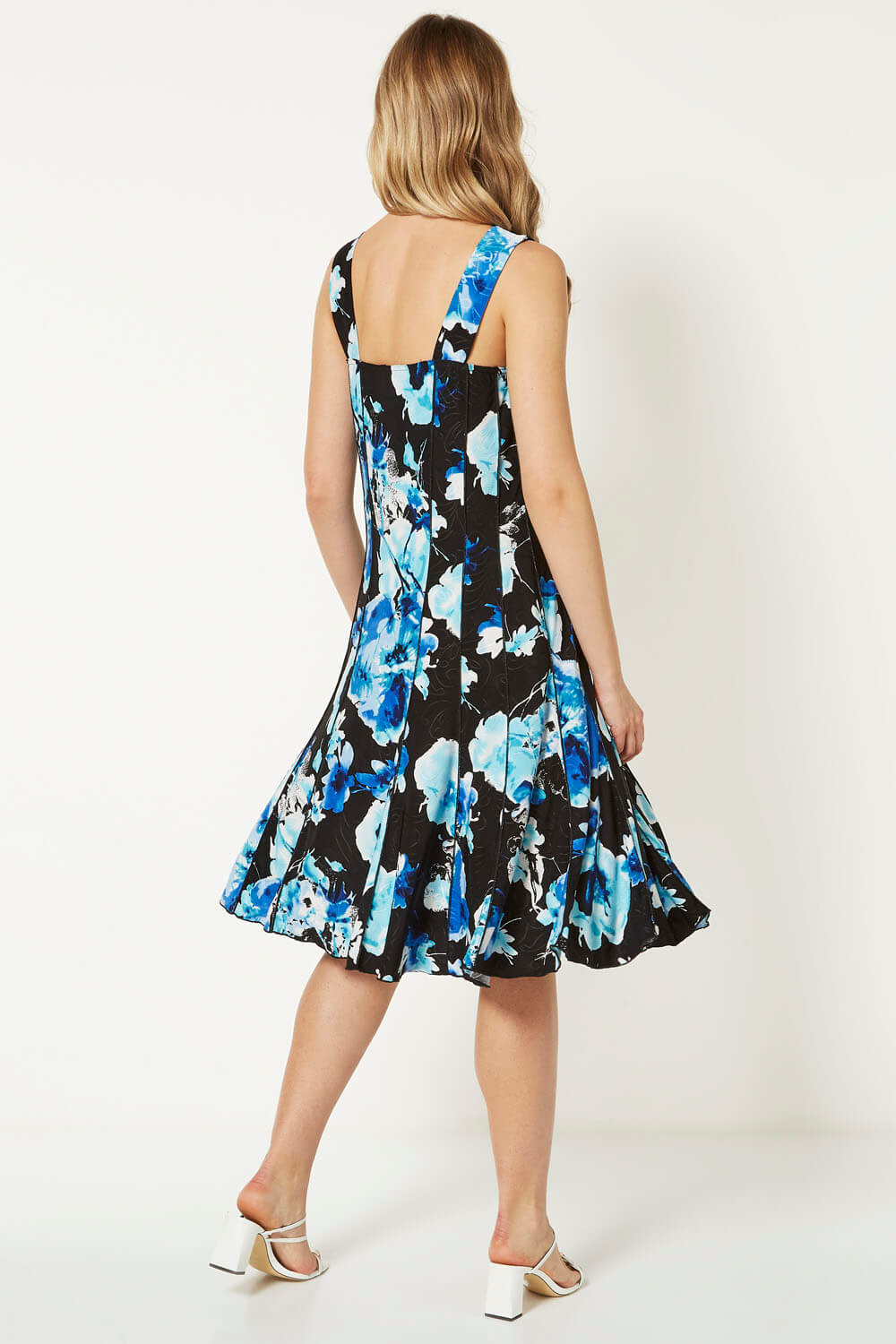 Black Floral Print Panel Fit and Flare Dress, Image 2 of 4
