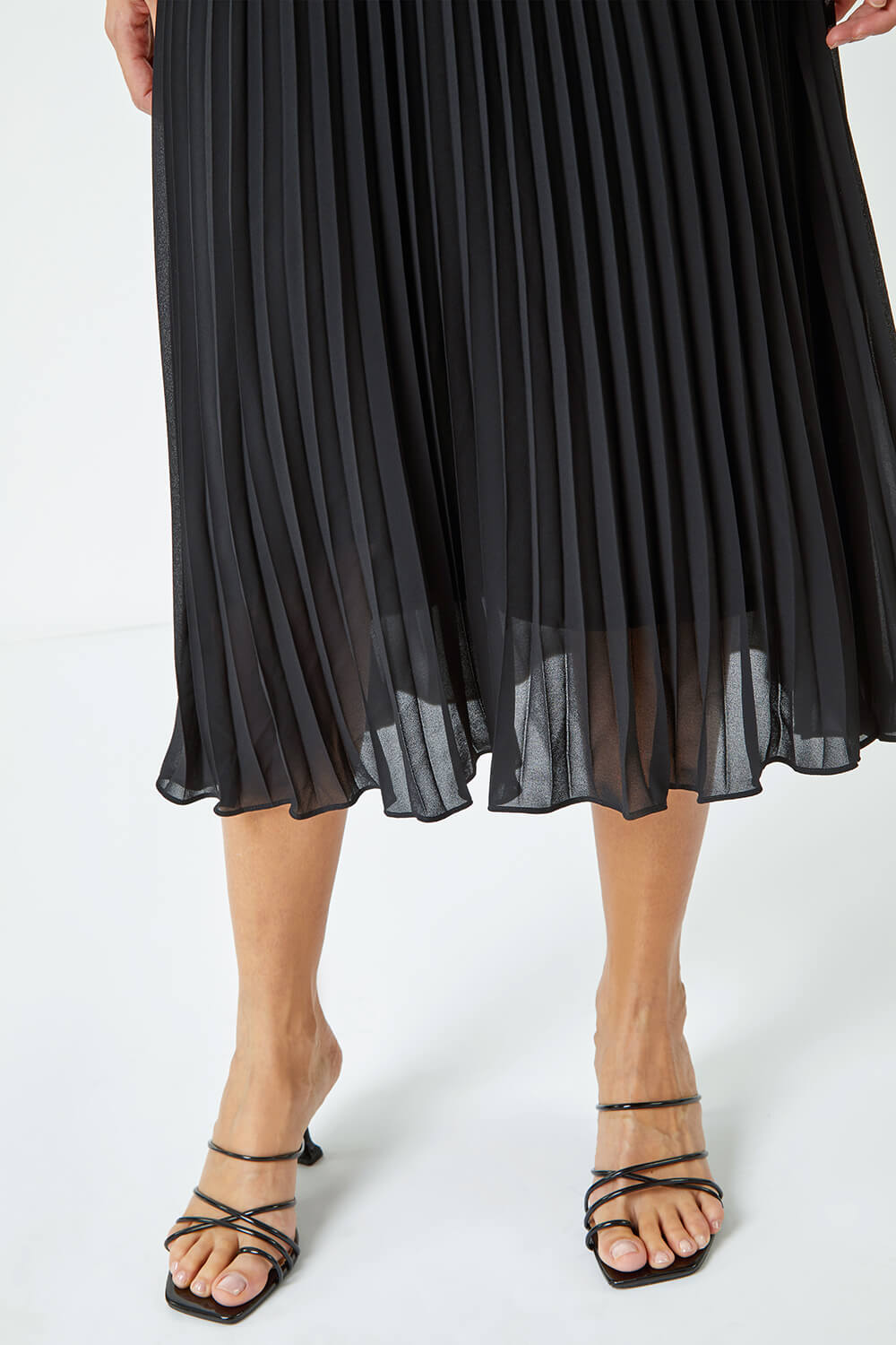 Black Lace Top Overlay Pleated Midi Dress, Image 5 of 5