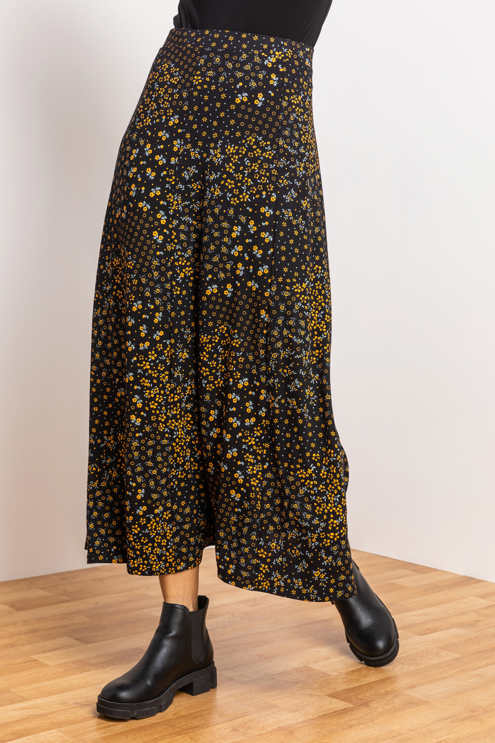 Black Patchwork Floral Jersey Midi Skirt, Image 3 of 4