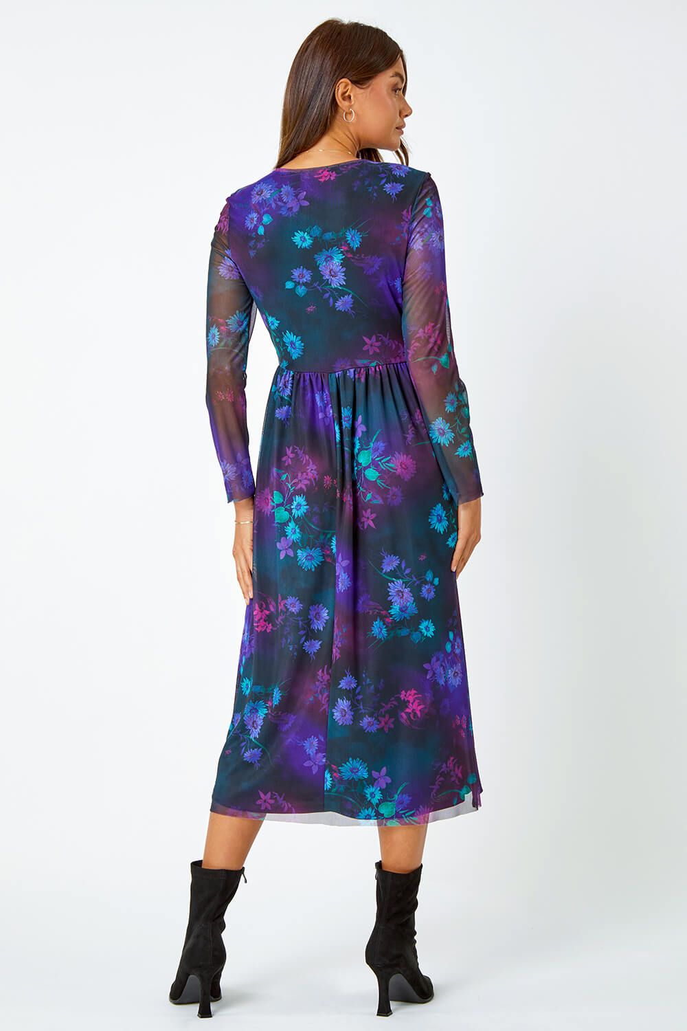 Purple Floral Mesh Midi Stretch Dress | Roman UK