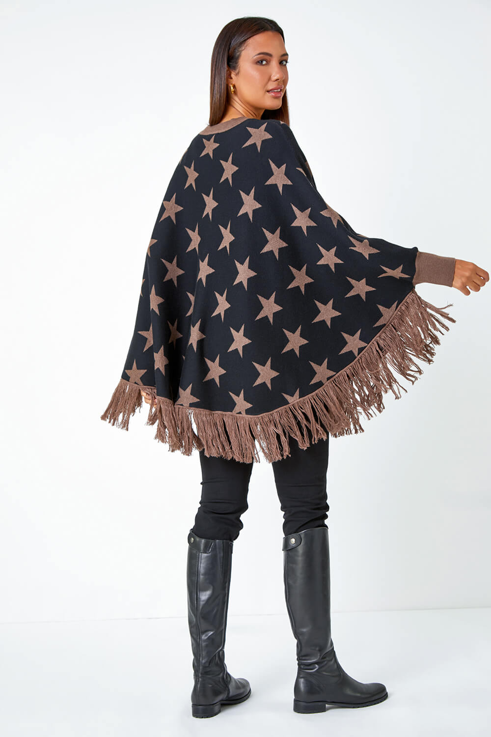 Camel  Star Print Wool Blend Fringed Poncho, Image 3 of 5