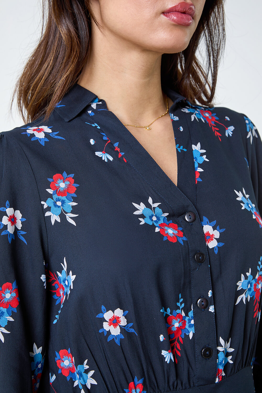 Navy  Floral Print Shirt Dress , Image 5 of 5