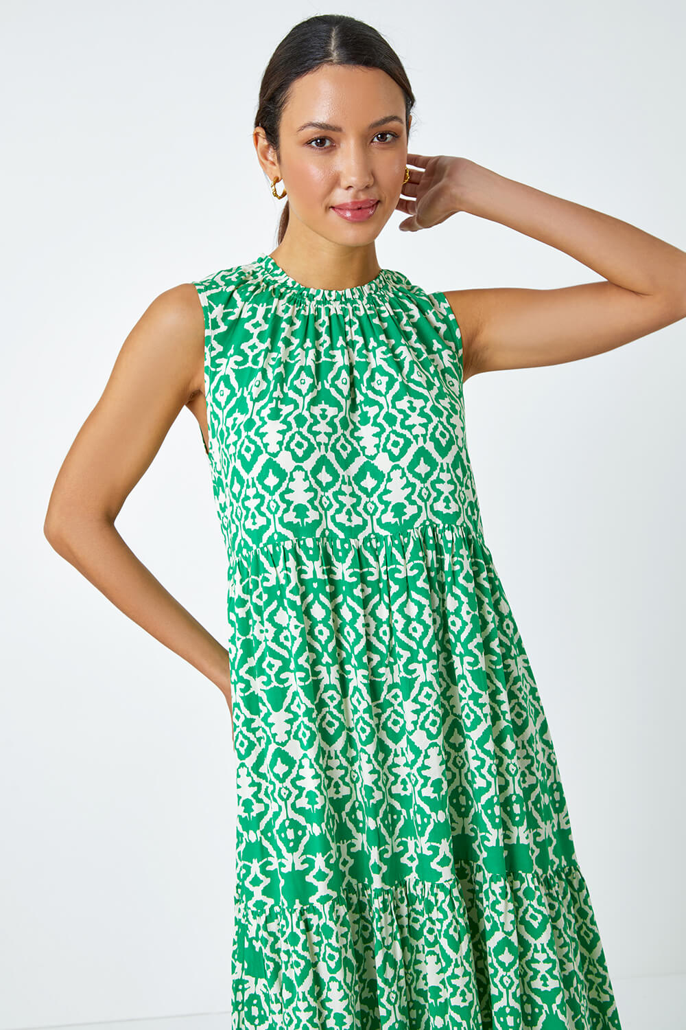 Green Aztec Tiered Smock Midi Dress, Image 4 of 5