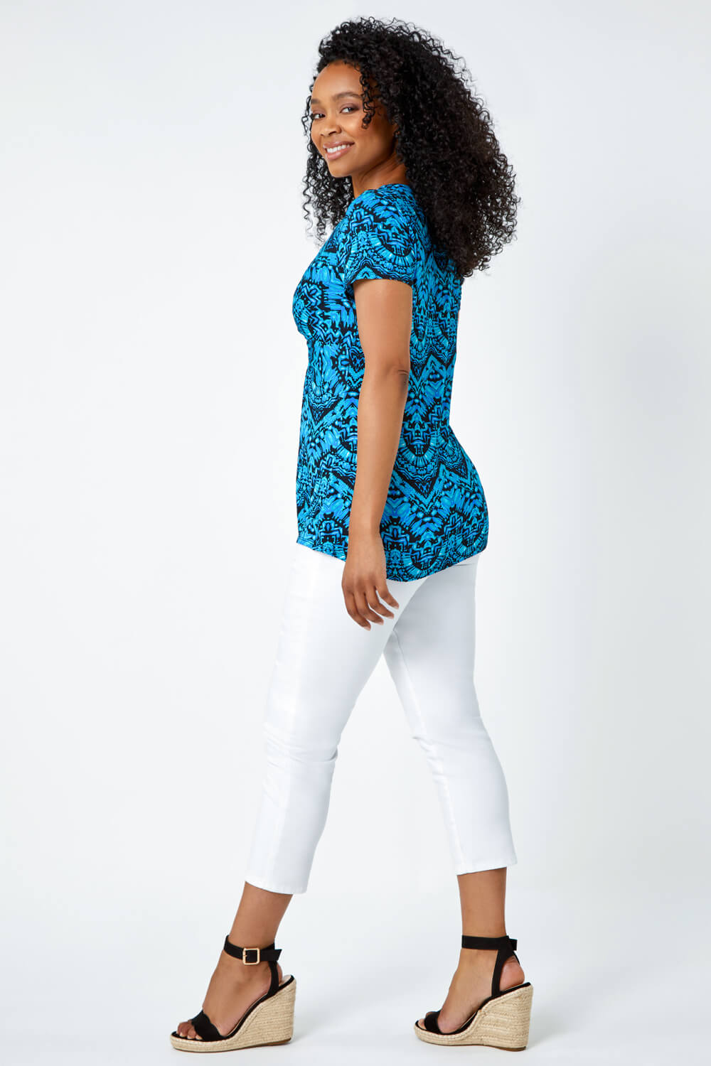 Blue Petite Aztec Knot Detail Stretch Top, Image 3 of 5