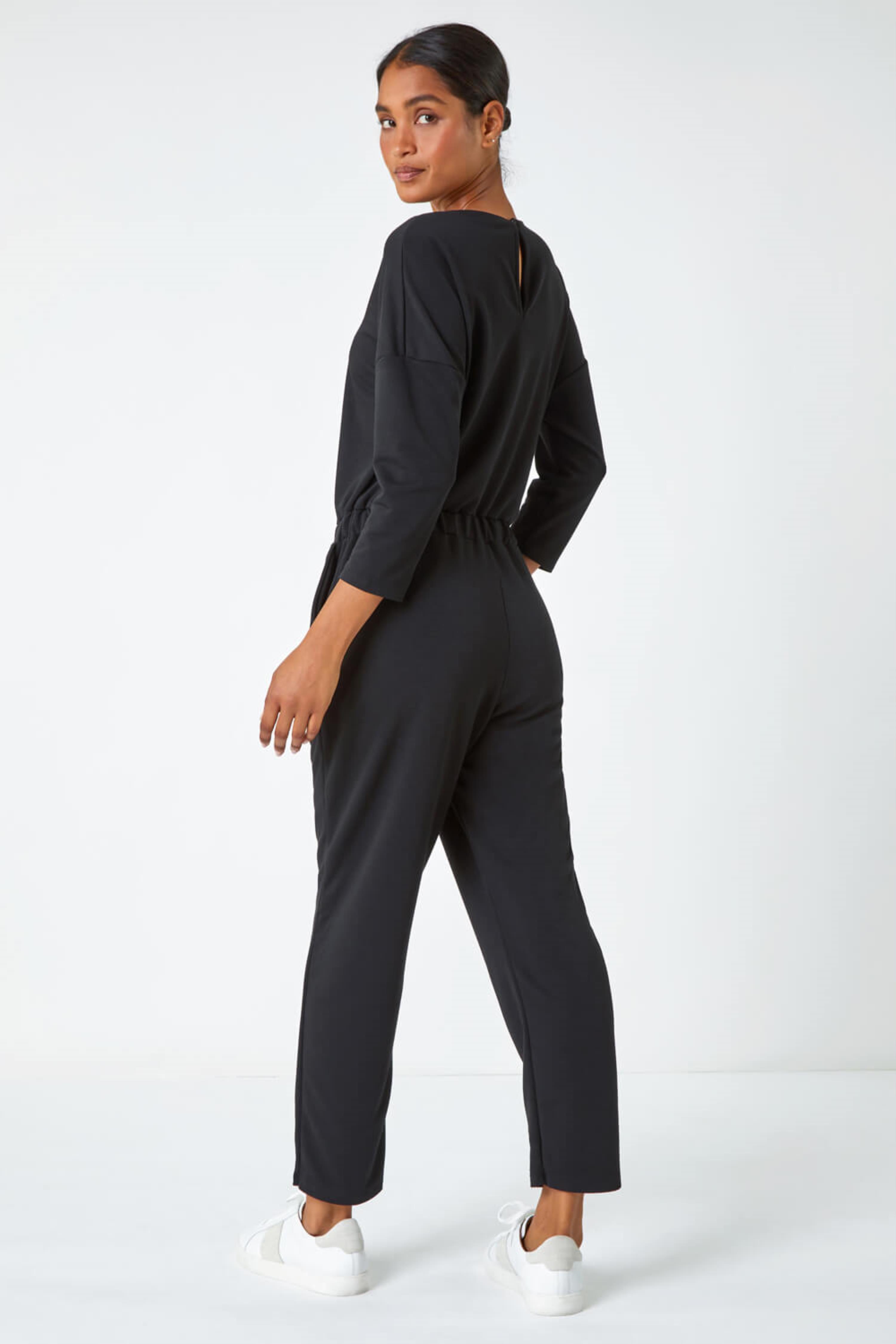 Black Elasticated Waist Stretch Jumpsuit Roman Uk