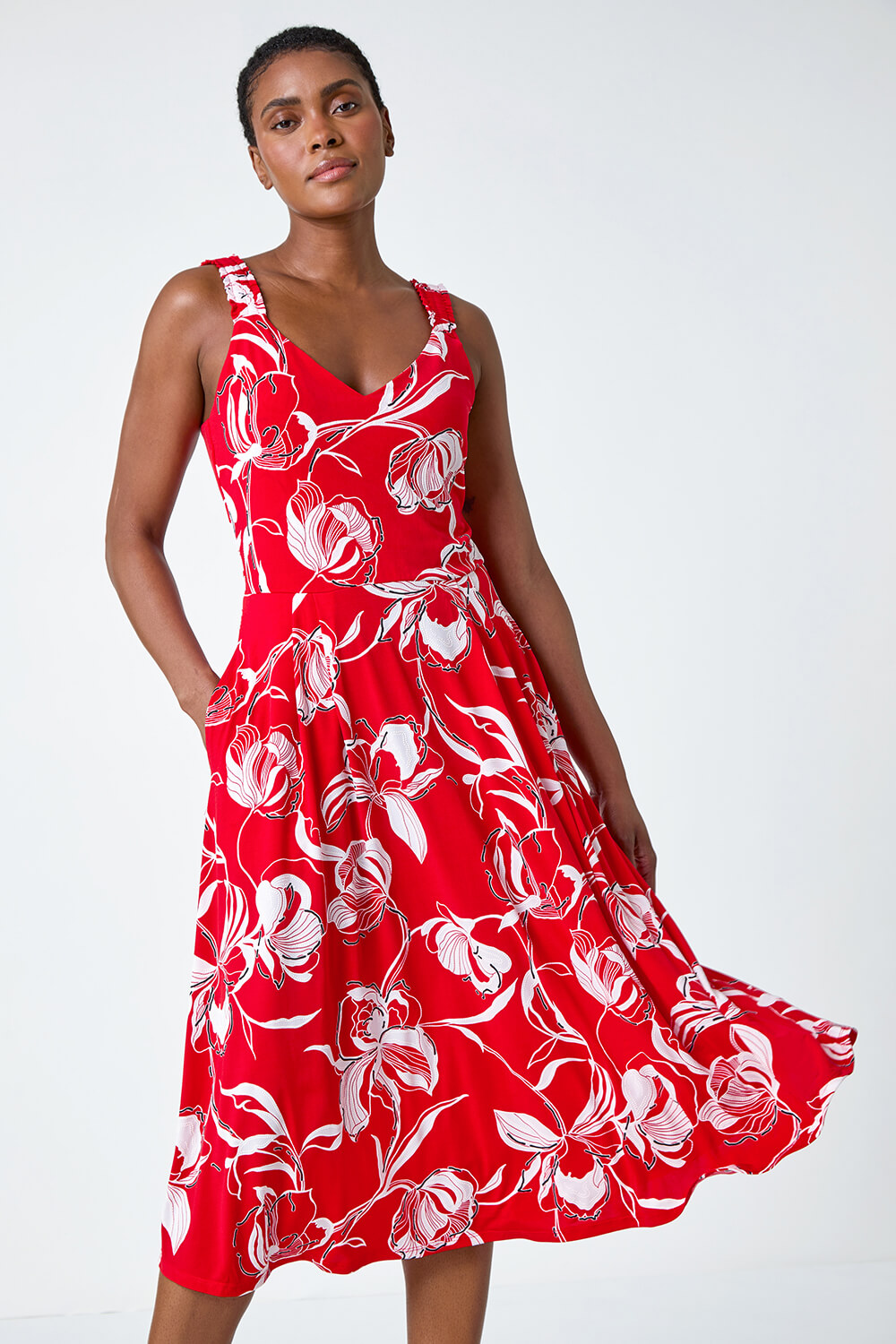 Red Textured Floral Print Midi Stretch Dress, Image 2 of 5